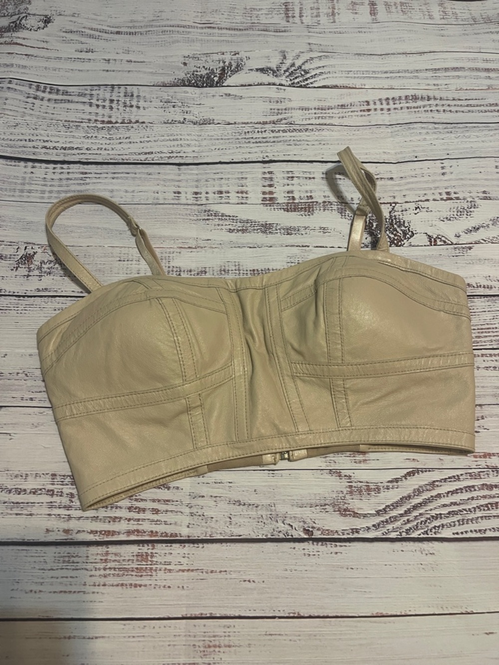 Bebe Beige Faux Leather Bustier Crop Top with Front Zip